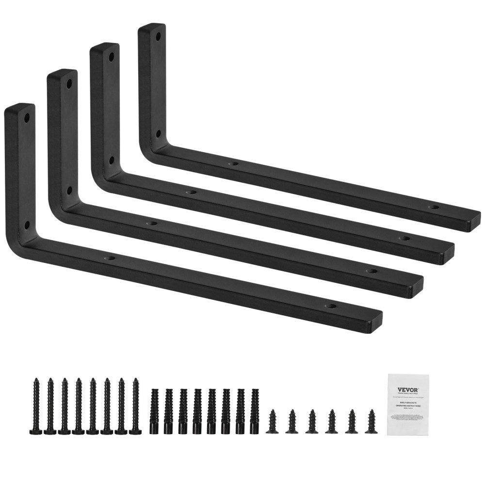 VEVOR Shelf Bracket, 16 x 6 in 4 Pcs, Heavy Duty Floating Shelf Brackets, Brackets for Shelves, 10mm Thick Matte Black