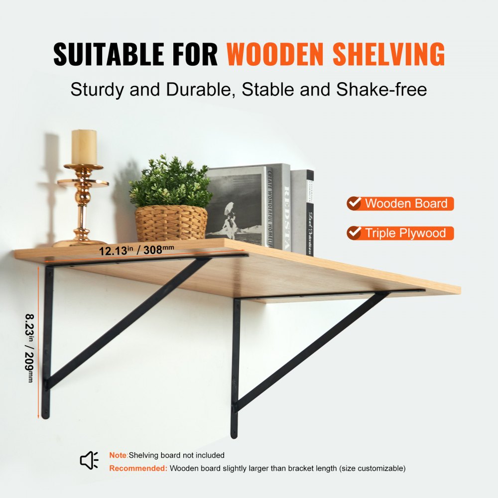 VEVOR Shelf Bracket, 12 x 8 in 10 Pcs, Heavy Duty Floating Shelf Brackets, Brackets for Shelves, 3mm Thick Matte Black