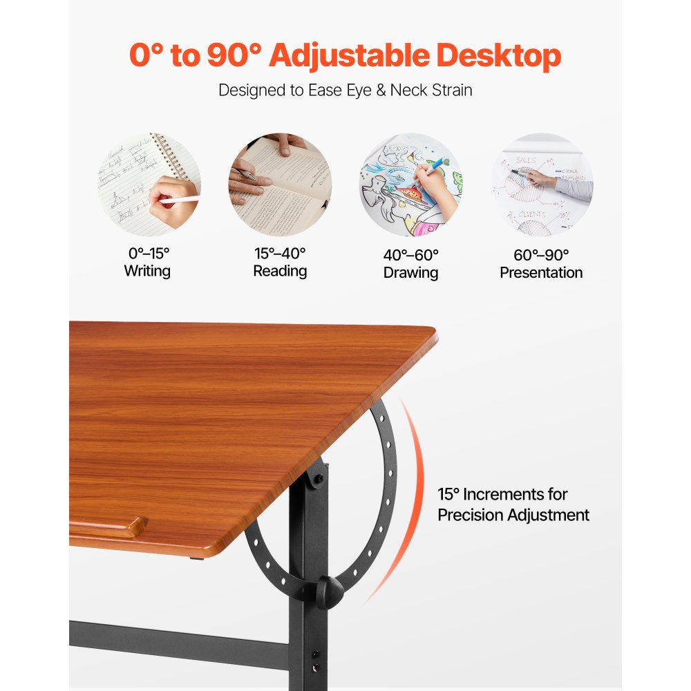 VEVOR Drafting Table, Adjustable 0°-90° Tilt Drawing Desk, Portable Artist Table with Black H-Frame and Brown Desktop