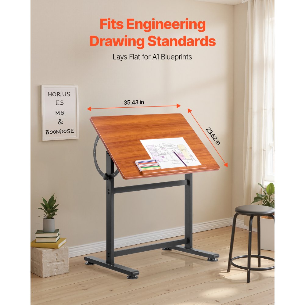 VEVOR Drafting Table, Adjustable 0°-90° Tilt Drawing Desk, Portable Artist Table with Black H-Frame and Brown Desktop