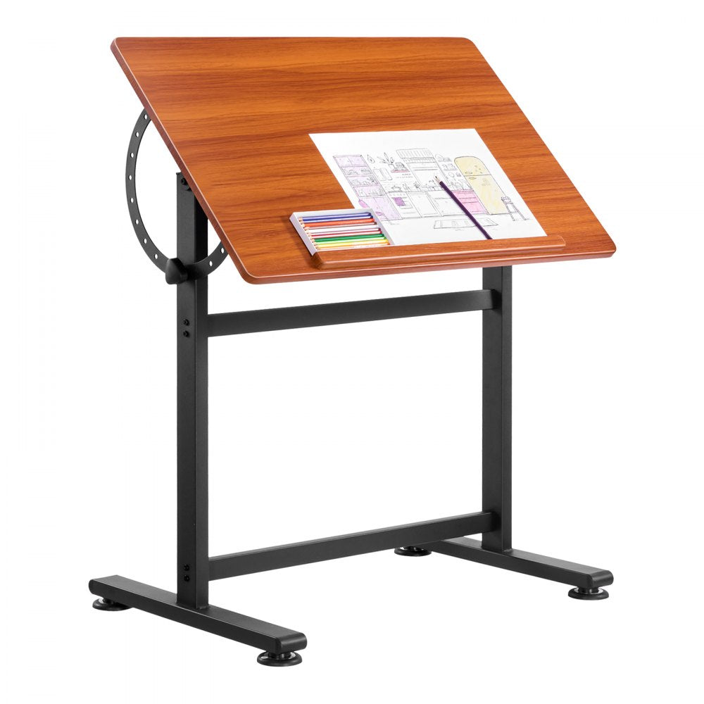 VEVOR Drafting Table, Adjustable 0°-90° Tilt Drawing Desk, Portable Artist Table with Black H-Frame and Brown Desktop