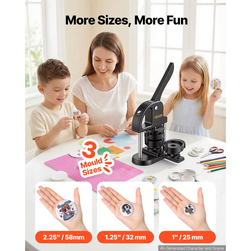 VEVOR Button Maker Machine 1"/1.25"/2.25"(25/32/58 mm) Pin Maker Black, with 300pcs Button Parts, Circle Cutter and