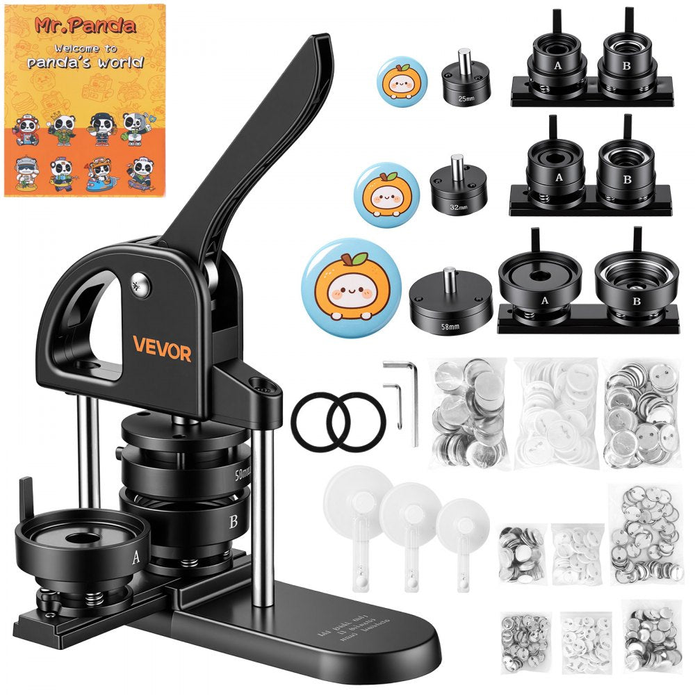 VEVOR Button Maker Machine 1"/1.25"/2.25"(25/32/58 mm) Pin Maker Black, with 300pcs Button Parts, Circle Cutter and