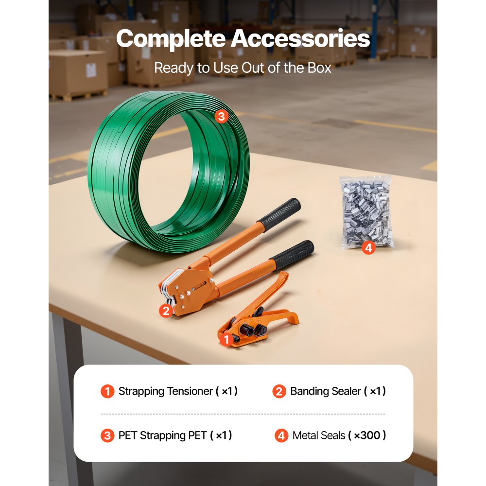 VEVOR Banding Strapping Kit, Heavy Duty Banding Sealer Tool with 1000 ft Length PET Band, 300 Metal Seals, Plastic