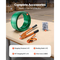 VEVOR Banding Strapping Kit, Heavy Duty Banding Sealer Tool with 1000 ft Length PET Band, 300 Metal Seals, Plastic