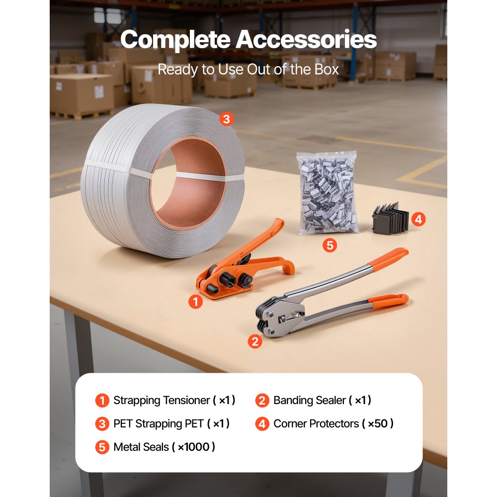 VEVOR Banding Strapping Kit, Heavy Duty Banding Sealer Tool with 3200 ft Length PP Band, 1000 Metal Seals, 50 Corner
