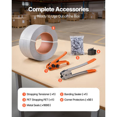 VEVOR Banding Strapping Kit, Heavy Duty Banding Sealer Tool with 3200 ft Length PP Band, 1000 Metal Seals, 50 Corner