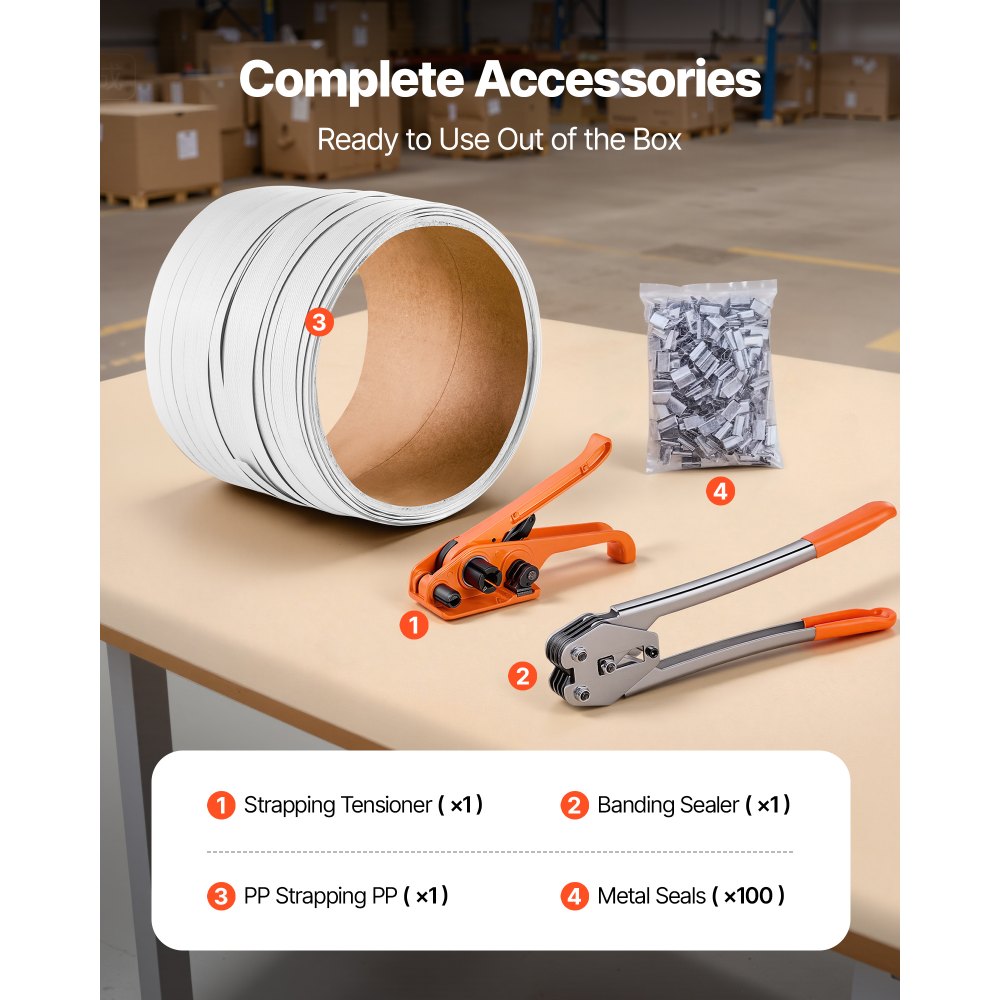 VEVOR Banding Strapping Kit, Heavy Duty Banding Sealer Tool with 330 ft Length PP Band, 100 Metal Seals, Plastic Manual