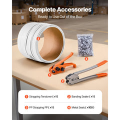 VEVOR Banding Strapping Kit, Heavy Duty Banding Sealer Tool with 330 ft Length PP Band, 100 Metal Seals, Plastic Manual