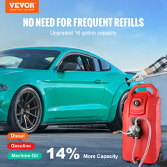 VEVOR 16 Gallon Fuel Caddy, 7.8 L/min, Portable Gas Storage Tank Container with Hand Pump Rubber Wheels, Fuel Transfer