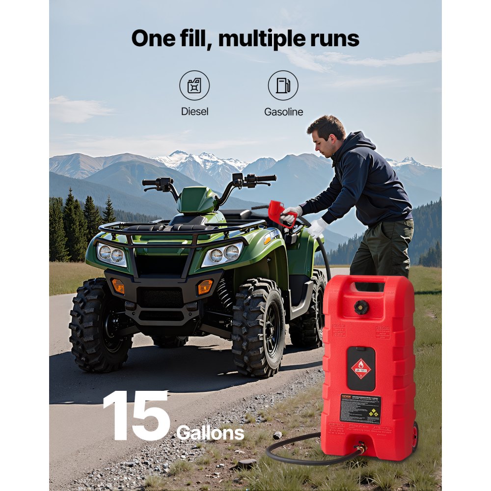 VEVOR Fuel Caddy, 15 Gallon, Portable Fuel Tank with Gravity & Hand Pump Modes, Fuel Tank Container with Wheels, 10 ft