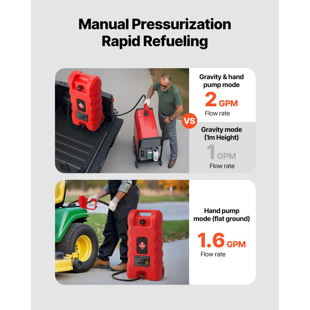 VEVOR Fuel Caddy, 15 Gallon, Portable Fuel Tank with Gravity & Hand Pump Modes, Fuel Tank Container with Wheels, 10 ft