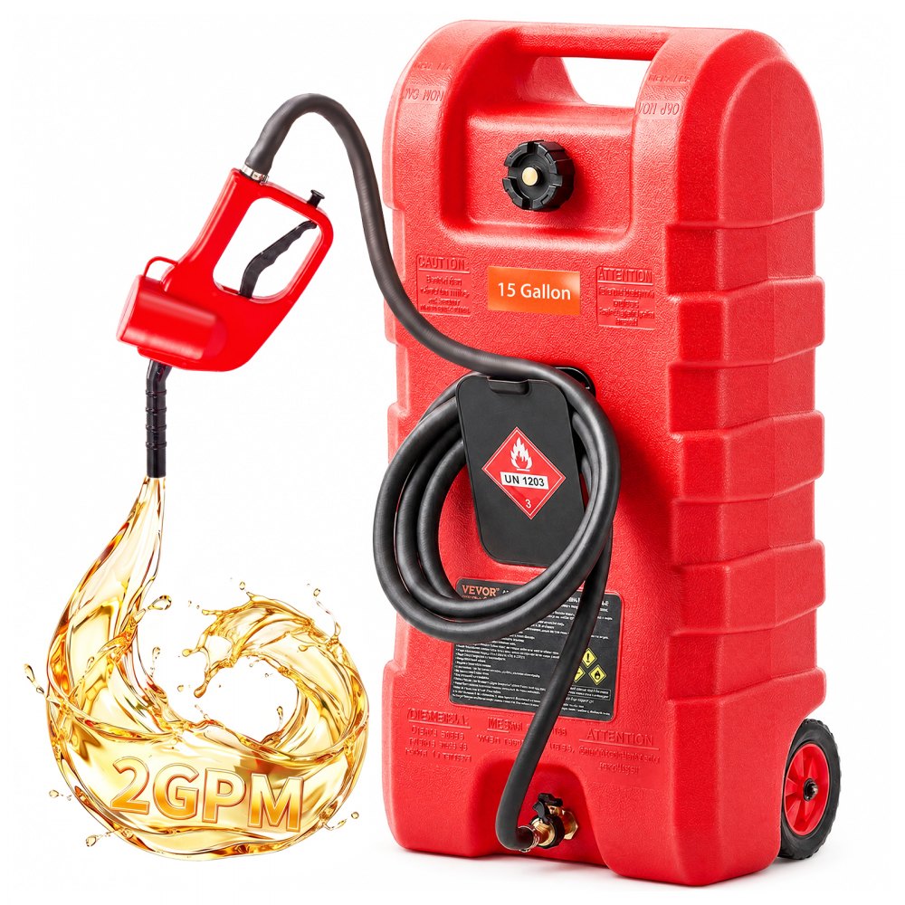 VEVOR Fuel Caddy, 15 Gallon, Portable Fuel Tank with Gravity & Hand Pump Modes, Fuel Tank Container with Wheels, 10 ft