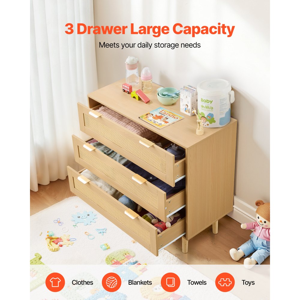VEVOR 3 Drawer Rattan Dresser, Modern Closet Dresser for Bedroom, Natural Rattan Chest of Drawers with Metal Handles &