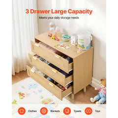 VEVOR 3 Drawer Rattan Dresser, Modern Closet Dresser for Bedroom, Natural Rattan Chest of Drawers with Metal Handles &