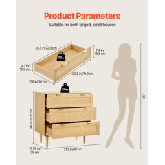 VEVOR 3 Drawer Rattan Dresser, Modern Closet Dresser for Bedroom, Natural Rattan Chest of Drawers with Metal Handles &