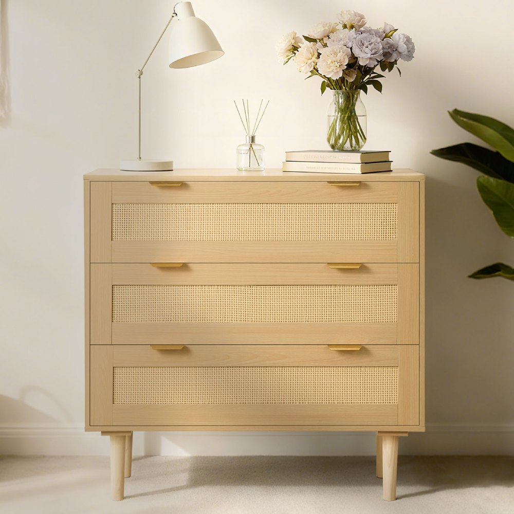 VEVOR 3 Drawer Rattan Dresser, Modern Closet Dresser for Bedroom, Natural Rattan Chest of Drawers with Metal Handles &