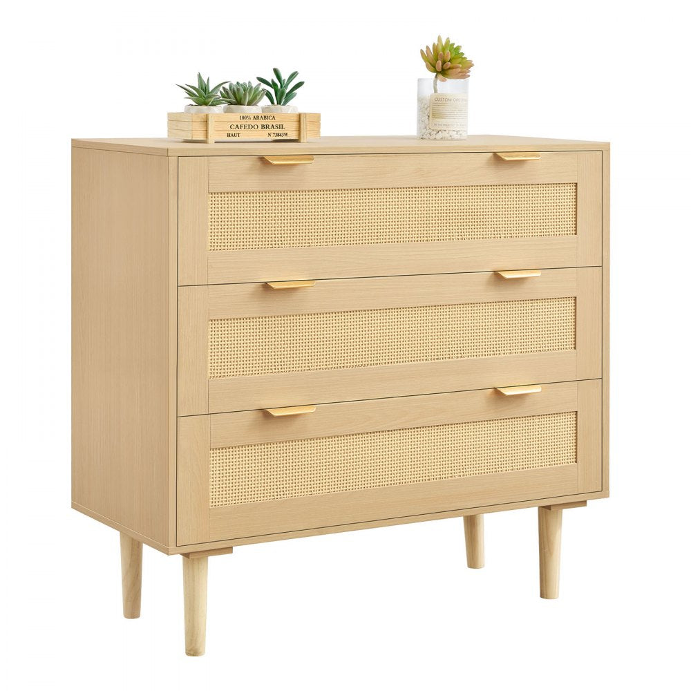 VEVOR 3 Drawer Rattan Dresser, Modern Closet Dresser for Bedroom, Natural Rattan Chest of Drawers with Metal Handles &