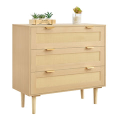 VEVOR 3 Drawer Rattan Dresser, Modern Closet Dresser for Bedroom, Natural Rattan Chest of Drawers with Metal Handles &