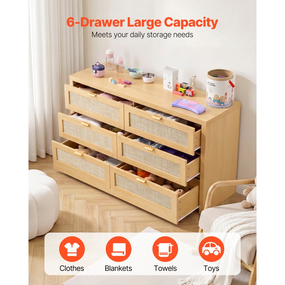 VEVOR 6 Drawer Rattan Dresser, Double Dresser for Bedroom, Natural Rattan Chest of Drawer with Metal Handle, Modern