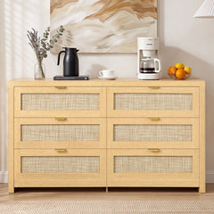 VEVOR 6 Drawer Rattan Dresser, Double Dresser for Bedroom, Natural Rattan Chest of Drawer with Metal Handle, Modern