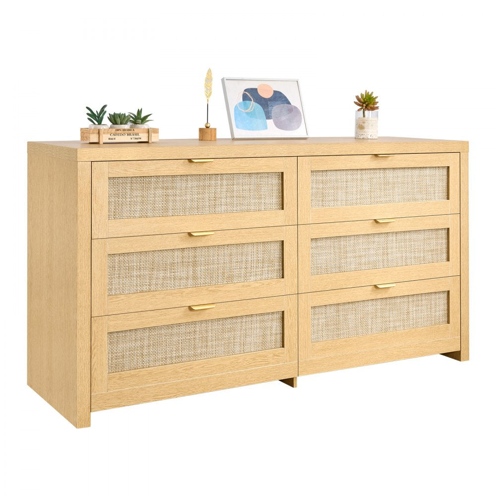 VEVOR 6 Drawer Rattan Dresser, Double Dresser for Bedroom, Natural Rattan Chest of Drawer with Metal Handle, Modern