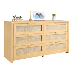 VEVOR 6 Drawer Rattan Dresser, Double Dresser for Bedroom, Natural Rattan Chest of Drawer with Metal Handle, Modern