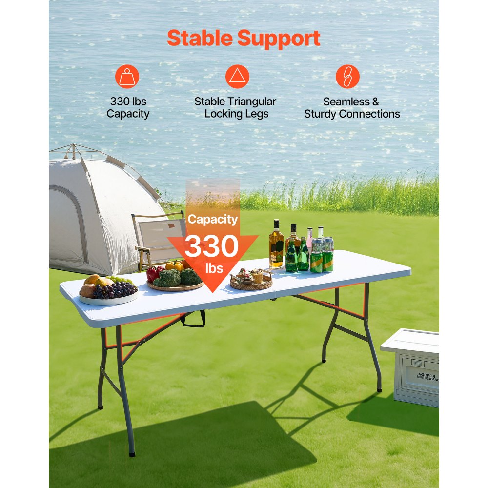 VEVOR Folding Table, 6 Ft Heavy Duty Portable Fold-in-Half Utility Table, Indoor Outdoor Plastic Rectangle Table with