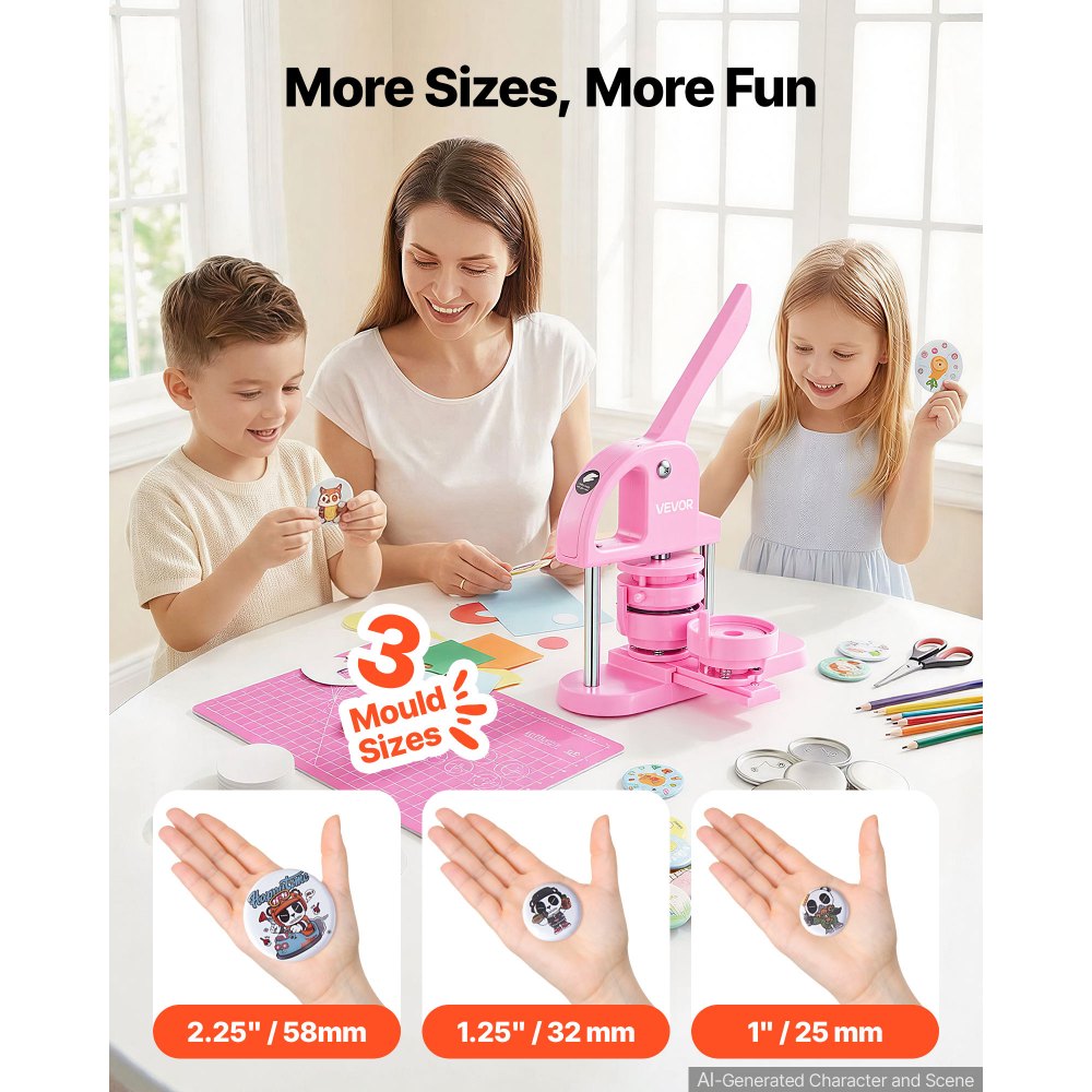 VEVOR 3-IN-1 Button Maker, 1/1.25/2.28 inch(25/32/58mm) Pin Maker, 300pcs Button Parts,Button Maker Machine with Panda