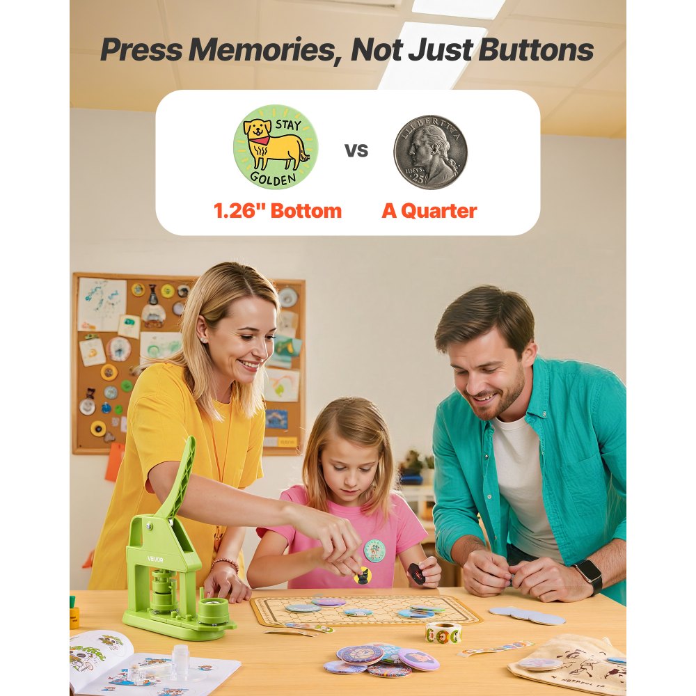 VEVOR Button Maker Machine, 1.26 in, Plastic Pin Maker with 500pcs Button Parts, Mr. Panda Magic Book, Circle Cutter