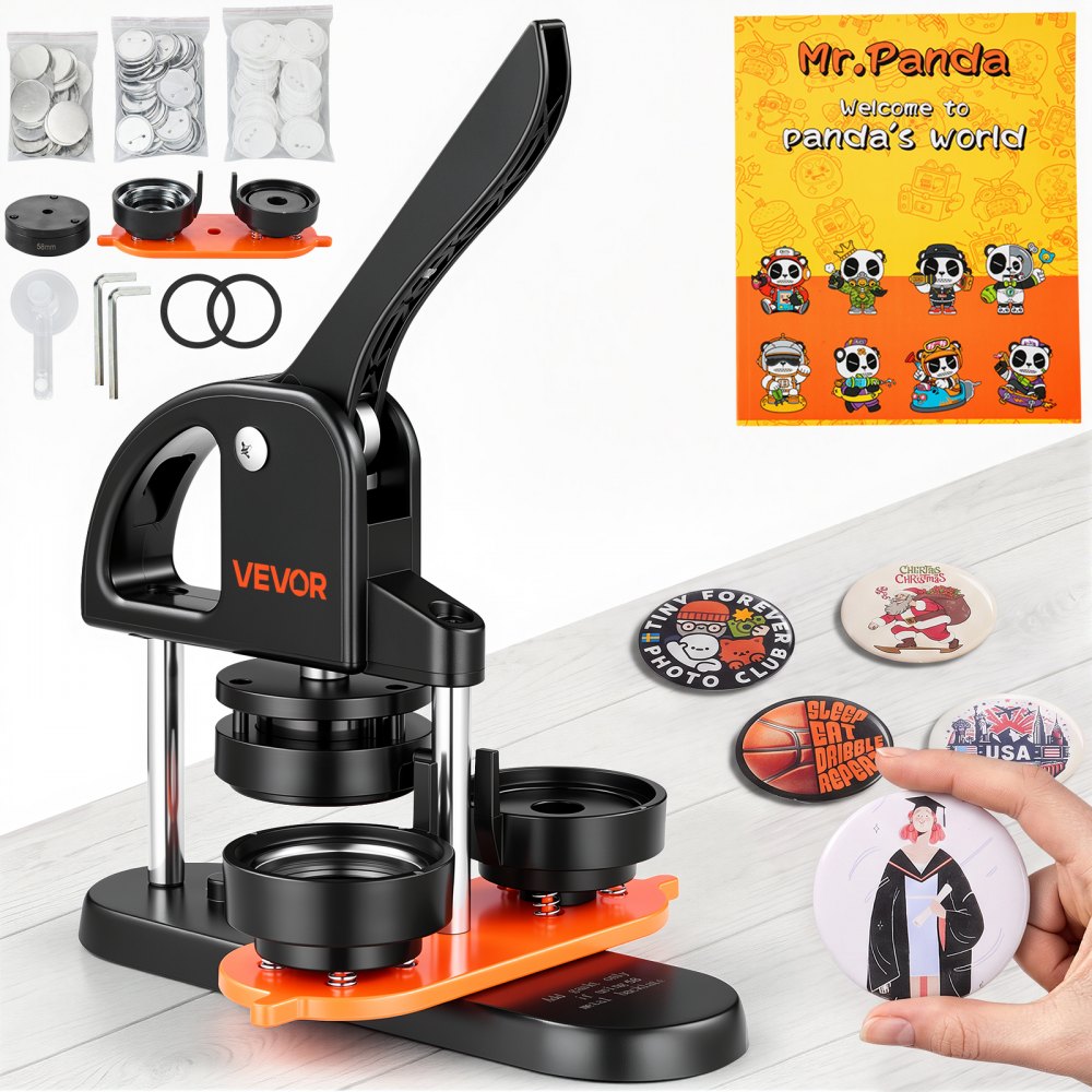 VEVOR Button Maker Machine, 2.28 inch/58mm Pin Maker with 100pcs Button Parts, Ergonomic Arc Handle Punch Press Kit