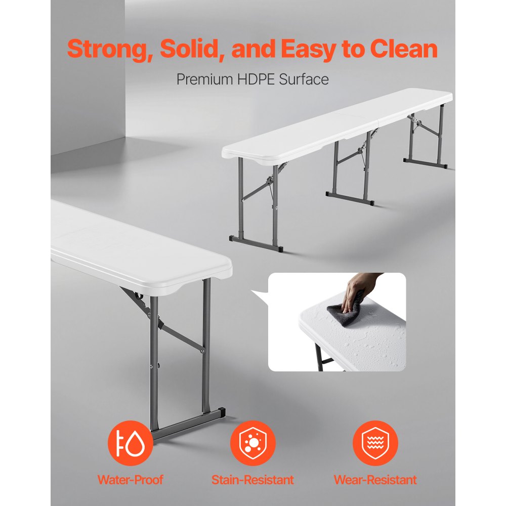 VEVOR Plastic Folding Bench, 6 ft Portable Bench for Indoor/Outdoor Picnic Party Patio Camping Dining, Foldable Smooth