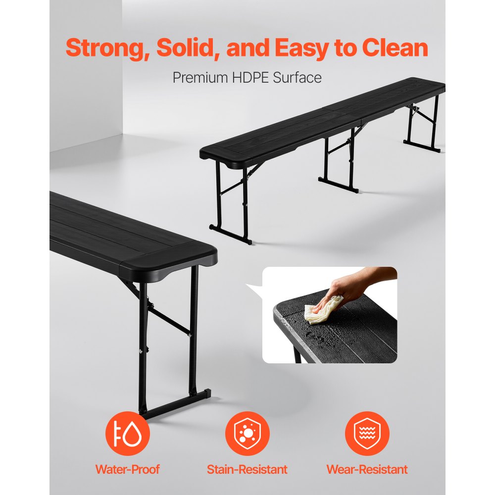 VEVOR Plastic Folding Bench, 6 ft Portable Bench for Outdoor Picnic Party Camping Dining, Foldable Smooth HDPE Seat for