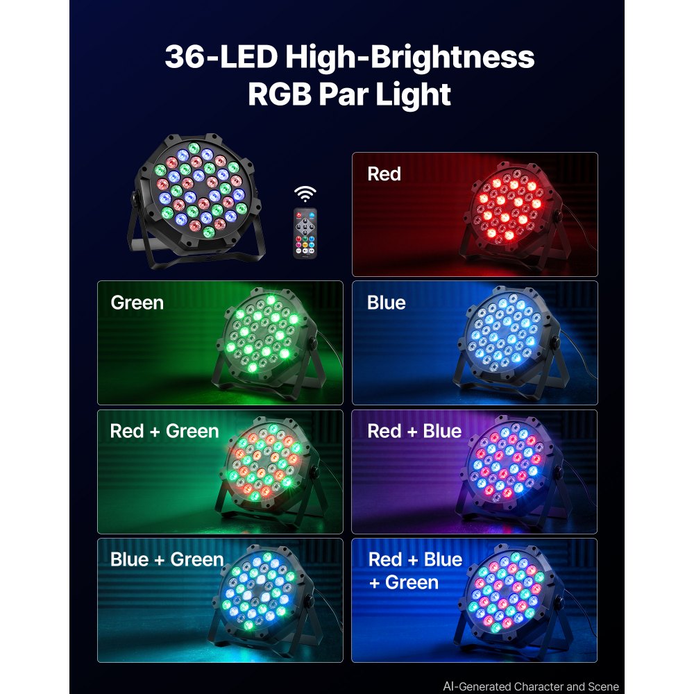 VEVOR LED Par Lights, 4 Pack 36 LED RGB Stage Lights Uplight Stage Lighting, for DJ, Event, Music Party, Wedding, Bar