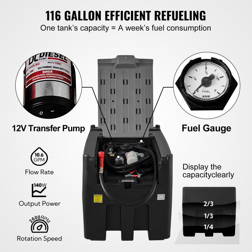 VEVOR Portable Diesel Tank, 116 Gallon Capacity & 10 GPM Flow Rate, Diesel Fuel Tank with 12V Electric Transfer Pump