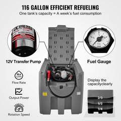 VEVOR Portable Diesel Tank, 116 Gallon Capacity & 10 GPM Flow Rate, Diesel Fuel Tank with 12V Electric Transfer Pump