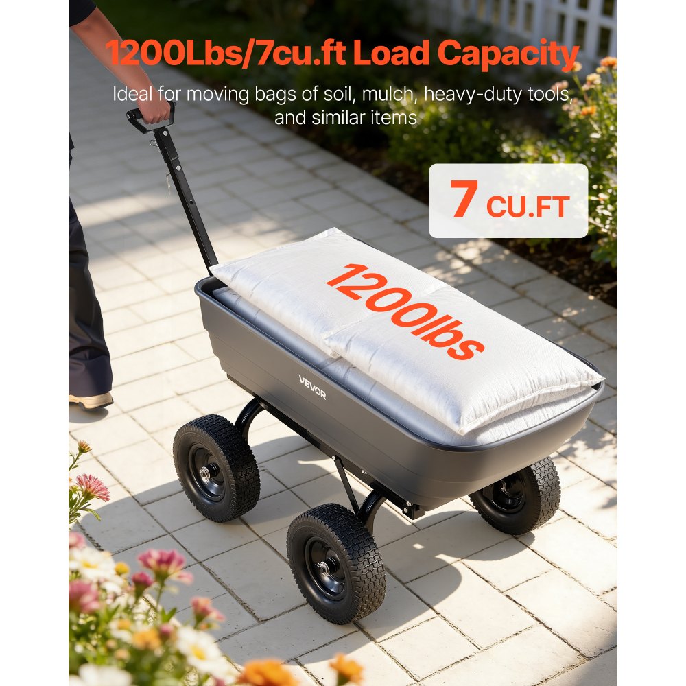 VEVOR Garden Dump Cart, 1200 lbs Poly Dump Cart, 7 Cu. Ft. Garden Carts Dumps Wagon with 2-in-1 Convertible Handle, 90°