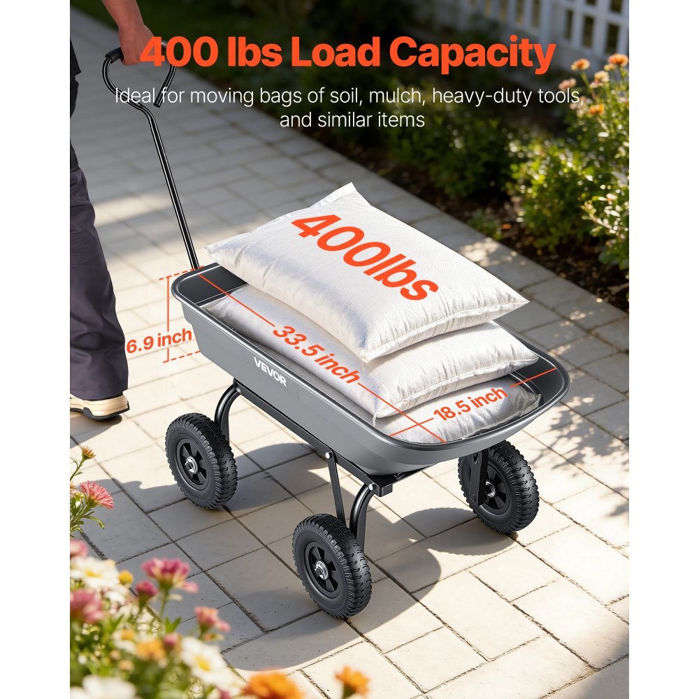 VEVOR Garden Dump Cart, 400 lbs Poly Dump Cart, Garden Carts Dumps Wagon with 90° Quick-Dumps Mechanism, 180° Swivel