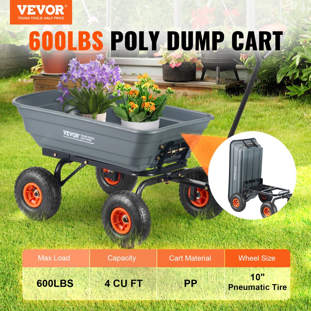 VEVOR Garden Cart, Durable Poly Dump Cart with Simple Assembly Steel Framework, Versatile Dump Cart with Dual-Function
