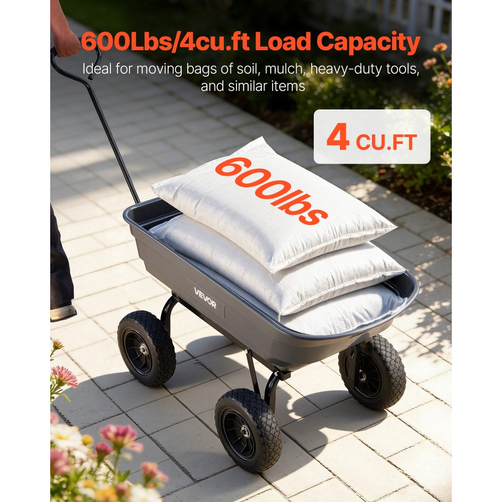 VEVOR Garden Dump Cart, 600 lbs Poly Dump Cart, Garden Carts Dumps Wagon with 90° Quick-Dumps Mechanism, 180° Swivel