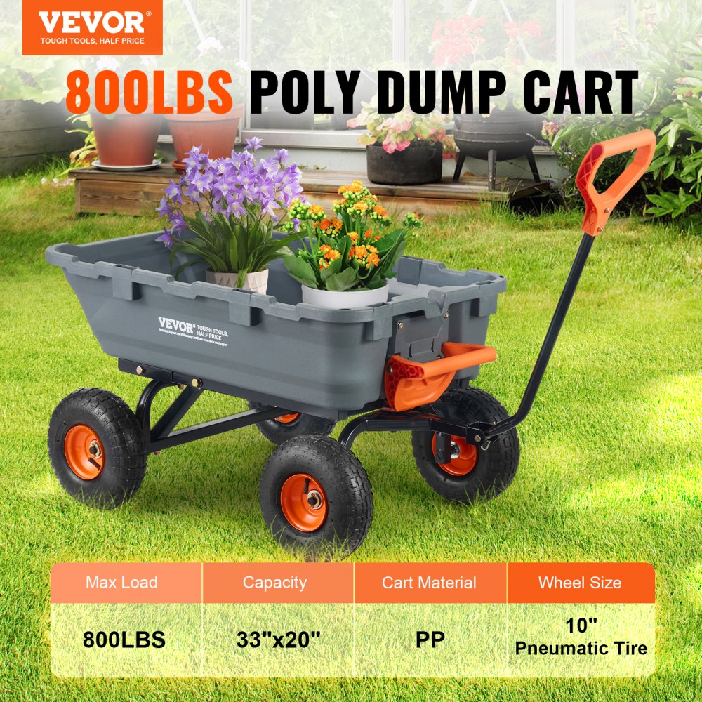 VEVOR Garden Cart, Durable Poly Dump Cart with Simple Assembly Steel Structure, Versatile Dump Wagon with Dual-Function