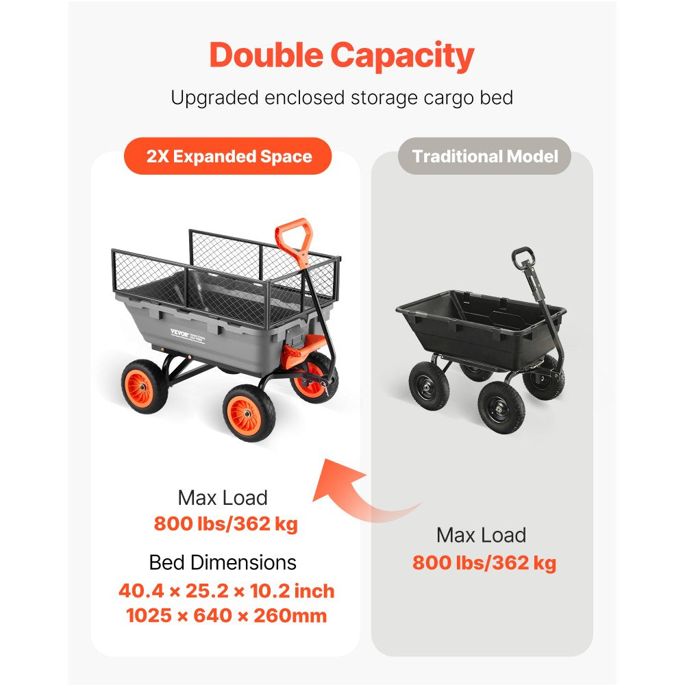 VEVOR Garden Dump Cart, 800 lbs Poly Dump Cart, Garden Carts Dumps Wagon with Storage Fence, 90° Quick-Dumps Mechanism