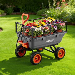 VEVOR Garden Dump Cart, 800 lbs Poly Dump Cart, Garden Carts Dumps Wagon with Storage Fence, 90° Quick-Dumps Mechanism