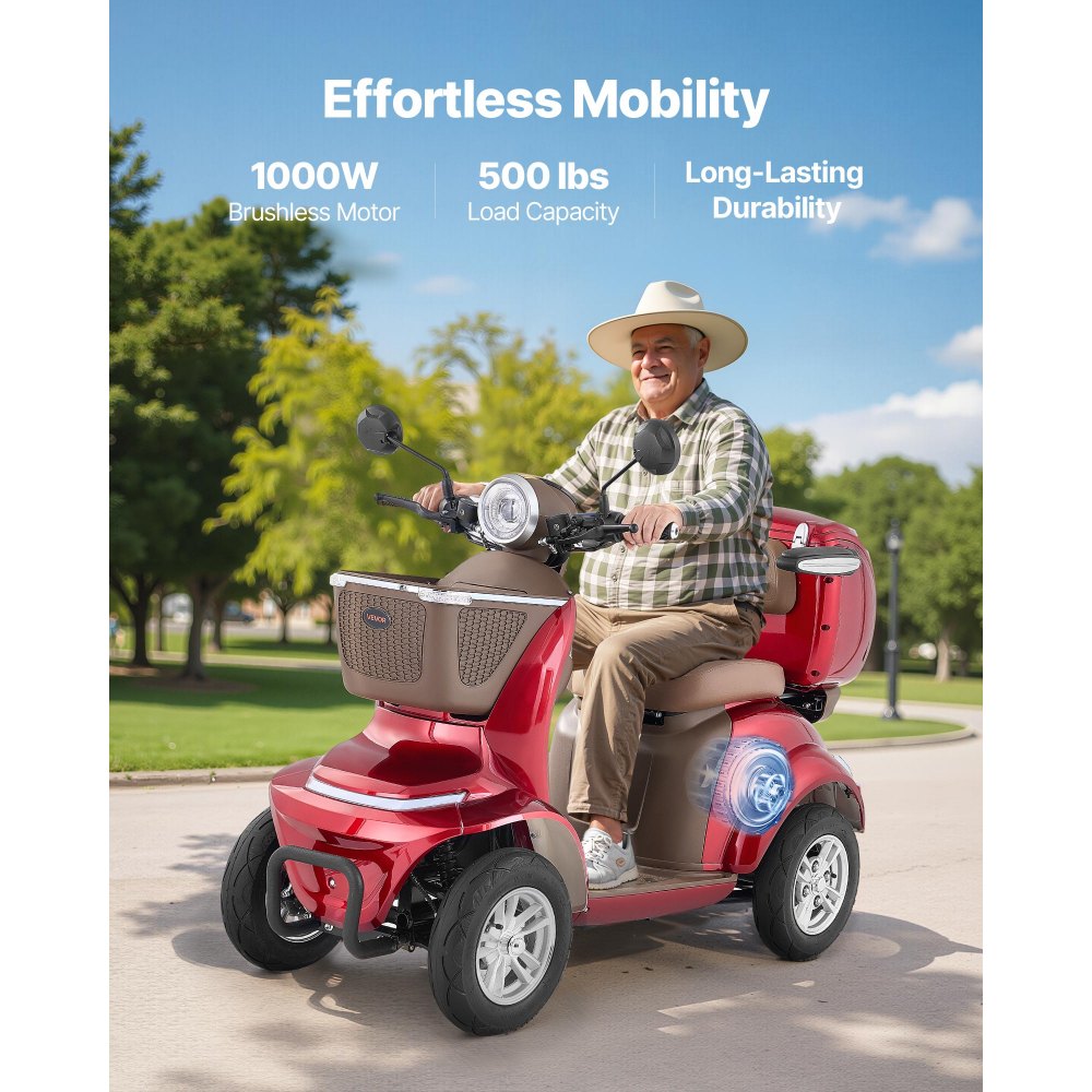 VEVOR Heavy Duty 4-Wheel Mobility Scooters for Seniors & Adults, 500lbs Capacity, 21.5 Miles 3-Speed Long Range, 1000W
