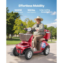 VEVOR Heavy Duty 4-Wheel Mobility Scooters for Seniors & Adults, 500lbs Capacity, 21.5 Miles 3-Speed Long Range, 1000W