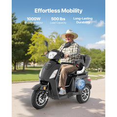 VEVOR Heavy Duty 3-Wheel Mobility Scooters for Seniors & Adults, 500lbs Capacity, 21.5 Miles 3-Speed Long Range, 1000W
