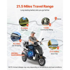 VEVOR Heavy Duty 3-Wheel Mobility Scooters for Seniors & Adults, 500lbs Capacity, 21.5 Miles 3-Speed Long Range, 1000W