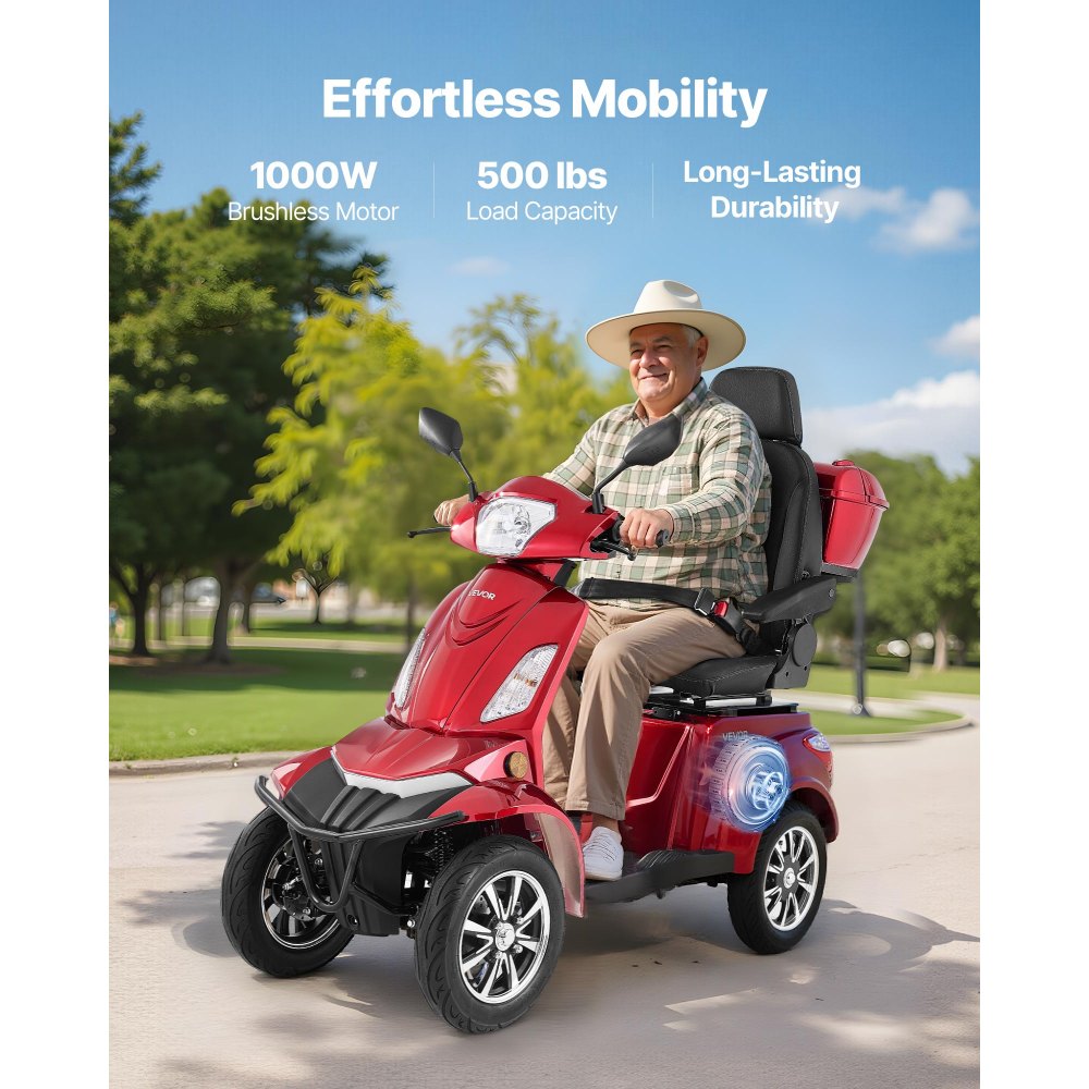 VEVOR Heavy Duty 4-Wheel Mobility Scooters for Seniors & Adults, 500lbs Capacity, 21.5 Miles 3-Speed Long Range, 1000W