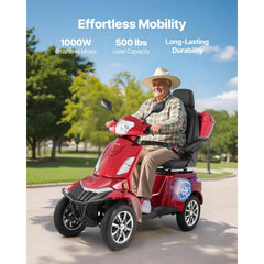VEVOR Heavy Duty 4-Wheel Mobility Scooters for Seniors & Adults, 500lbs Capacity, 21.5 Miles 3-Speed Long Range, 1000W