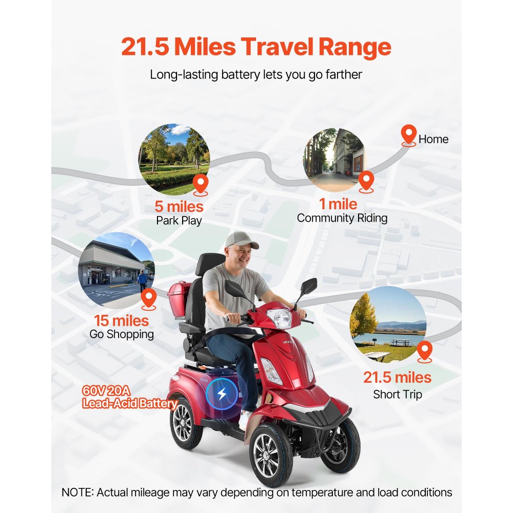 VEVOR Heavy Duty 4-Wheel Mobility Scooters for Seniors & Adults, 500lbs Capacity, 21.5 Miles 3-Speed Long Range, 1000W
